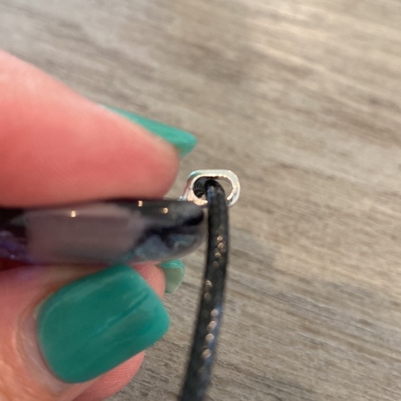 Hand crafted purple , white and dichroic fused glass pendant on black cord - Picture 6 of 11